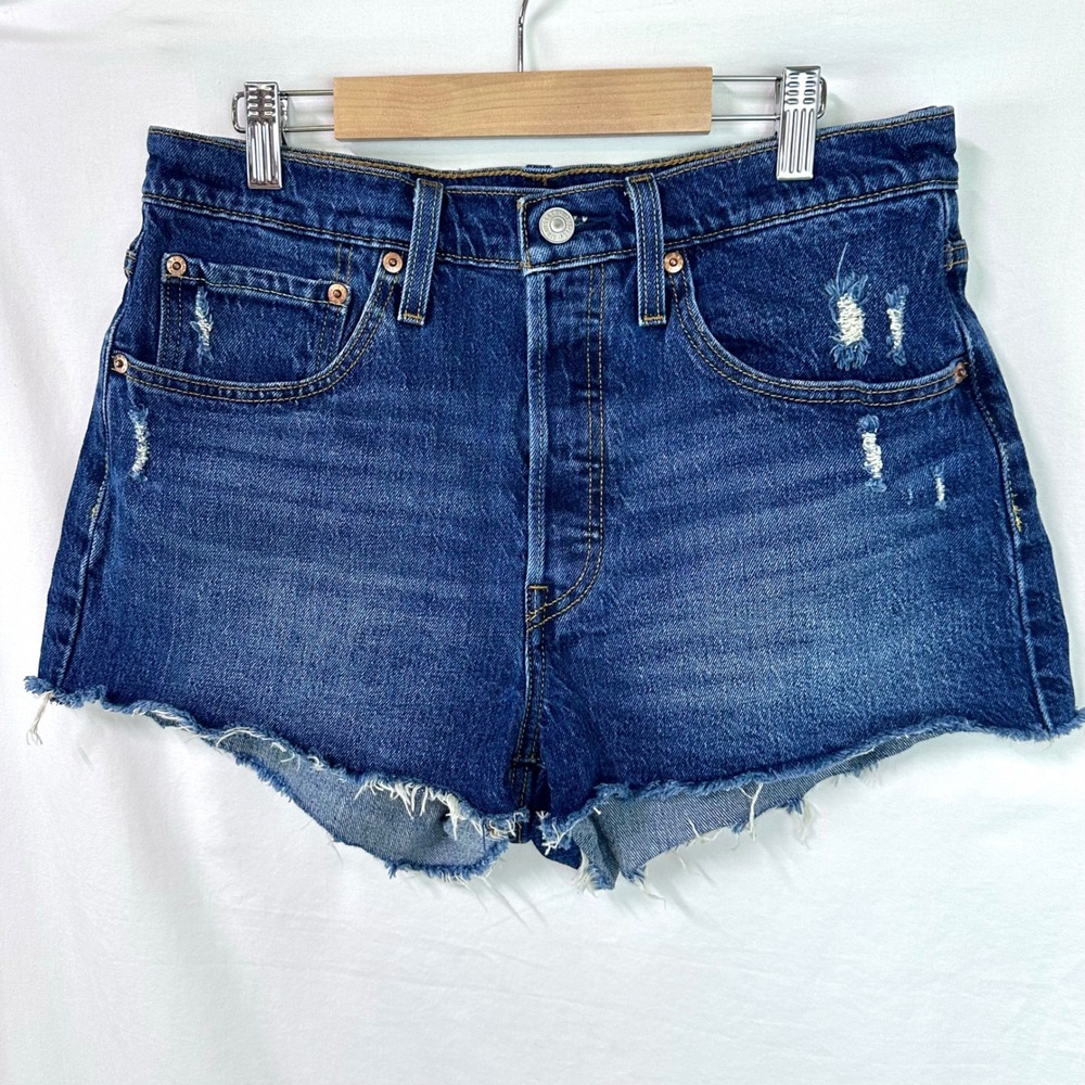 LEVI'S 501 Original Blue Dark Wash Denim Jean Shorts High Rise Cut Off Womens 30